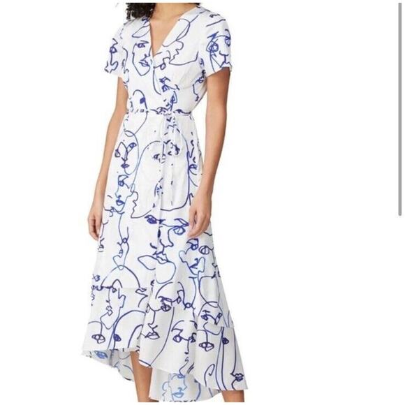 Hutch Dresses & Skirts - Hutch Printed Rosa Artsy Wrap Short Sleeve Tiered Midi Dress Faces White Size XS
